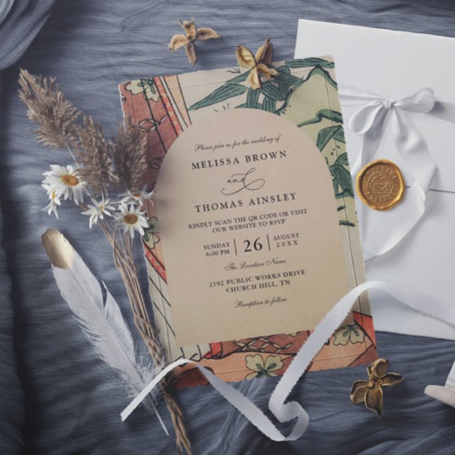 Antique Japanese Kimono Bamboo QR Code Wedding Einladung (Von Creator hochgeladen)