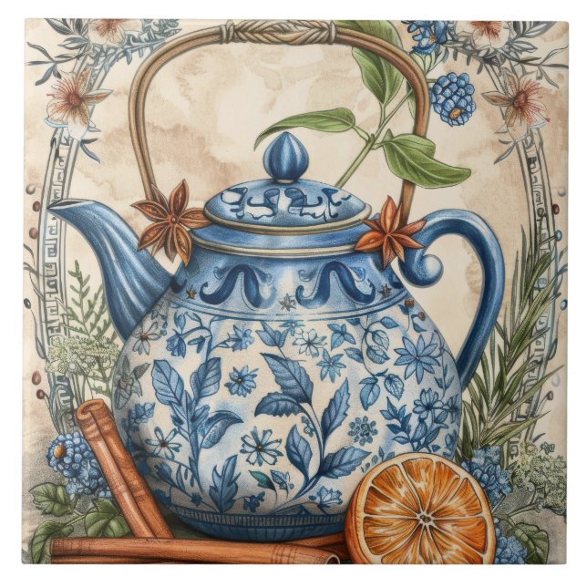 Antique Kettle Blue Lemons Cinnamon Fliese (Vorderseite)