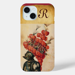 ANTIQUE KNIGHT HELMET, DRAGONS UND ROTE FEATHERS iPhone 15 HÜLLE