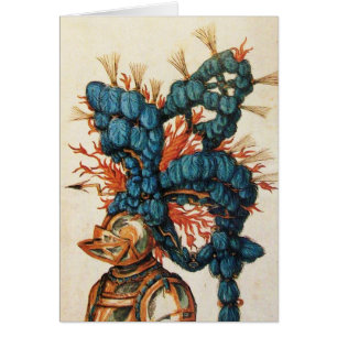 ANTIQUE KNIGHT HELMET MIT RED BLUE FEATHERS