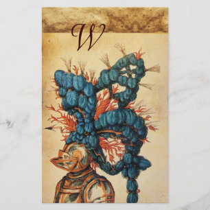 ANTIQUE KNIGHT HELMET MIT RED BLUE FEATHERS BRIEFPAPIER