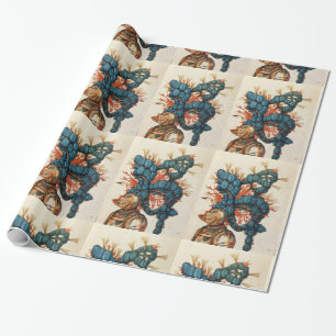 ANTIQUE KNIGHT HELMET MIT RED BLUE FEATHERS GESCHENKPAPIER