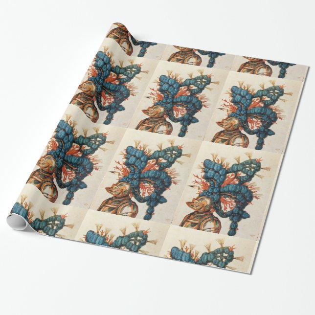 ANTIQUE KNIGHT HELMET MIT RED BLUE FEATHERS GESCHENKPAPIER (Ungerollt)