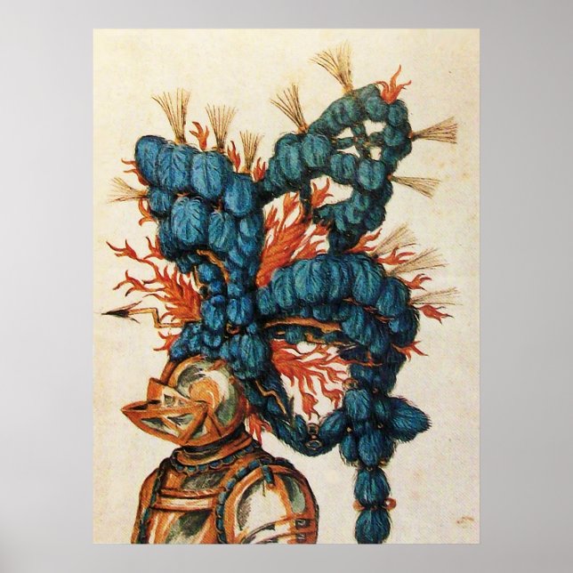 ANTIQUE KNIGHT HELMET MIT RED BLUE FEATHERS POSTER (Vorne)