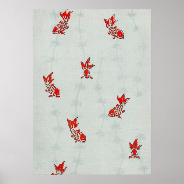 Antique Koi Goldfish Japanischer Holzblock Print Poster (Vorne)