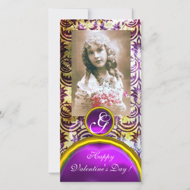 ANTIQUE LILA DAMASK Amethyst Monogramm Feiertagskarte (Vorderseite)