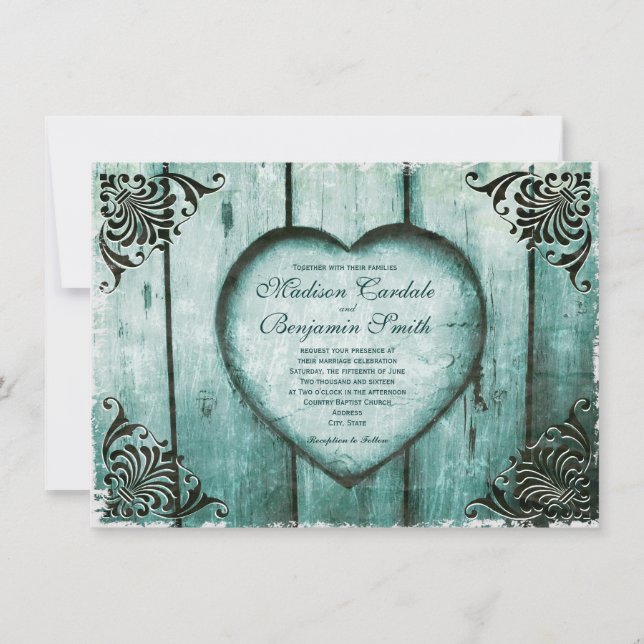 Antique Look Aqua Herz on Wood Wedding Einladung (Vorderseite)