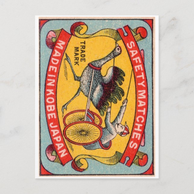 Antique Matchbox Label Ostrich Harness Racing Kobe Postkarte (Vorderseite)