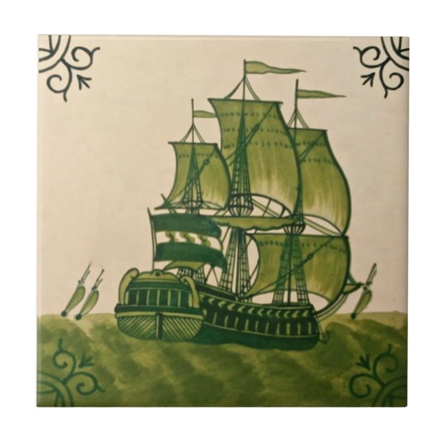 Antique Minton Hollins Delft Ship Tile #2 Repro Fliese (Vorderseite)