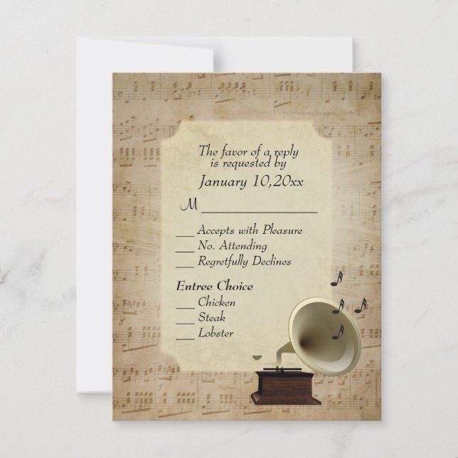 Antique Music Theme with Entree Choice RSVP Karte (Vorderseite)