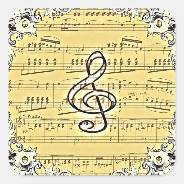 Antique Music Treble Clef Vintages Design Quadratischer Aufkleber (Vorderseite)