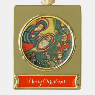 ANTIQUE NATIVITÄTSPARCHMENT , ANNAHME VON MAGI Banner-Ornament GOLD