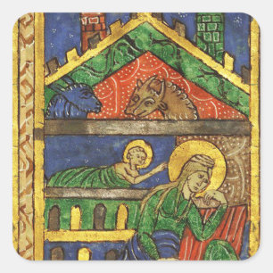 ANTIQUE NATIVITY CHRISTMAS PARCHMENT QUADRATISCHER AUFKLEBER