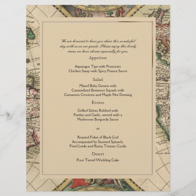 Antique Old World Map Wedding Menu (Vorderseite)