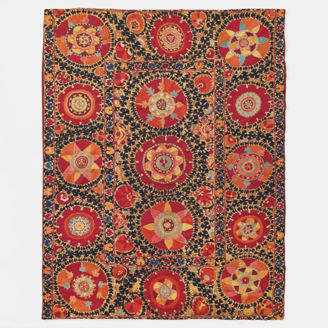 ANTIQUE ORANGE RED WHITE FLORAL UZBEK EMBROIDERY FLEECEDECKE (Vorderseite)