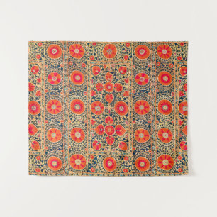 ANTIQUE ORANGE RED WHITE FLORAL UZBEK EMBROIDERY WANDTEPPICH