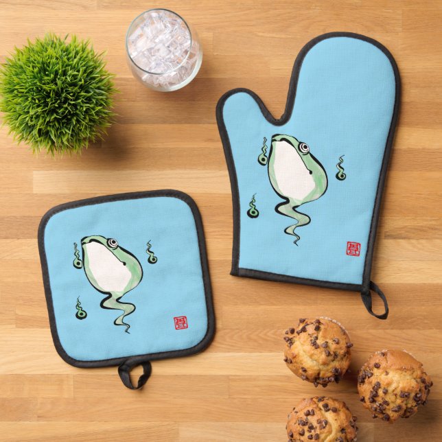 Antique Origin Story Grumpy Frog Japanischer Toad Ofenhandschuh & Topflappen-Set (Oben Unten)