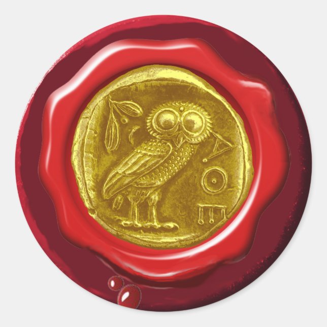 ANTIQUE OWL GOLD YELLOW RED WAX SIEGEL RUNDER AUFKLEBER (Vorderseite)