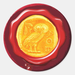 ANTIQUE OWL GOLD YELLOW RED WAX SIEGEL RUNDER AUFKLEBER