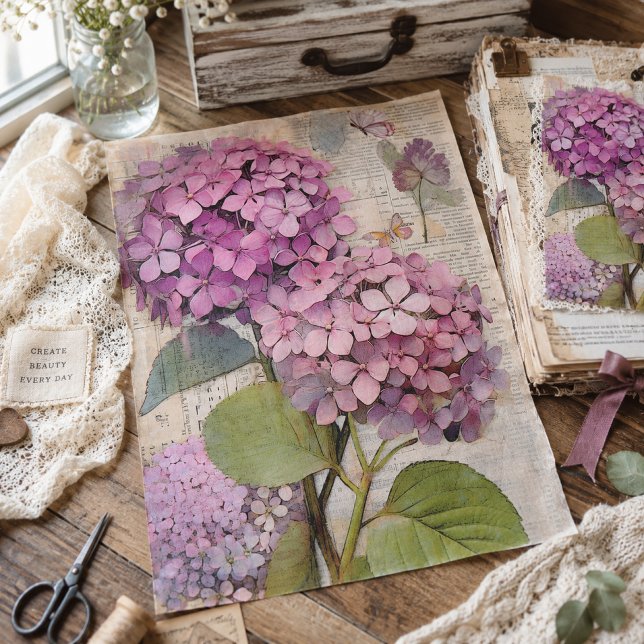 Antique Pink Hydrangea Ephemera Script Decoupage Seidenpapier (Von Creator hochgeladen)