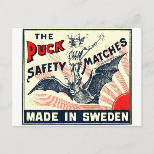 Antique Puck Riding Bat Swedish Matchbox Label Postkarte