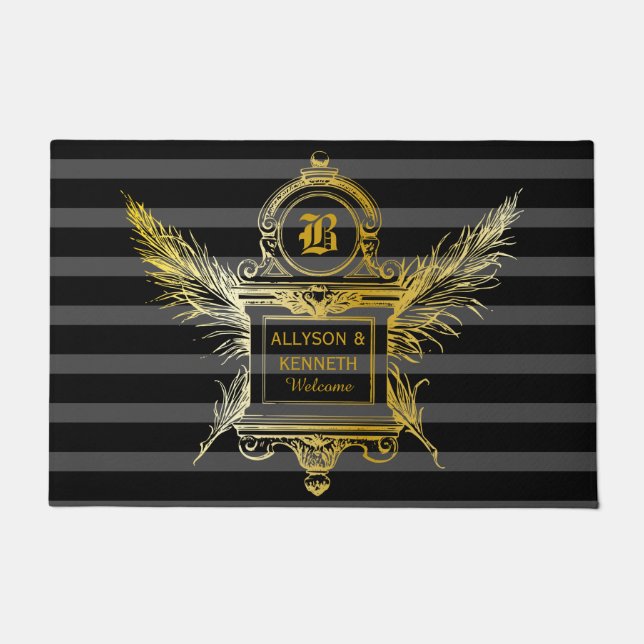 Antique Quill Feathers Classic Gold Frame Monogram Fußmatte (Vorderseite)