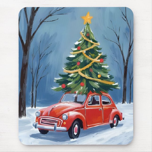 Antique Red Car Christmas Tree Mousepad (Vorne)