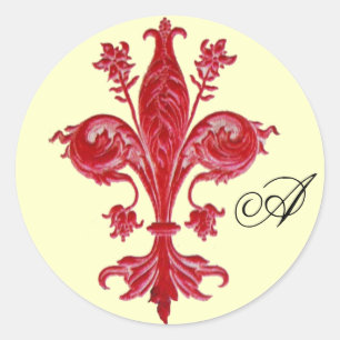 ANTIQUE RED FLEUR DE LISE MONOGRAM, Creme Runder Aufkleber