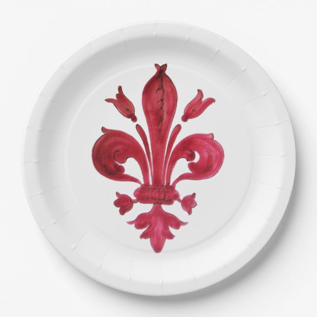 ANTIQUE RED LILIE IN WHITE Heraldic Floral Pappteller (Vorderseite)