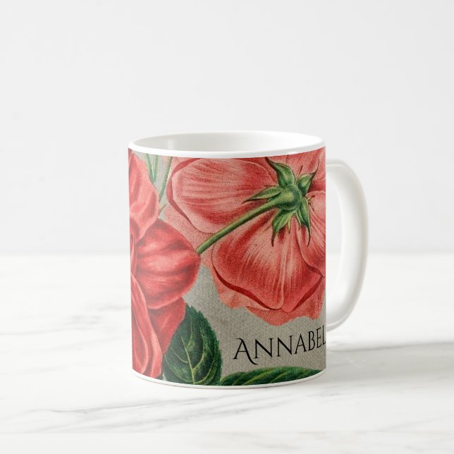Antique Red Rose Art on Grey Personalised Kaffeetasse (VorderseiteRechts)