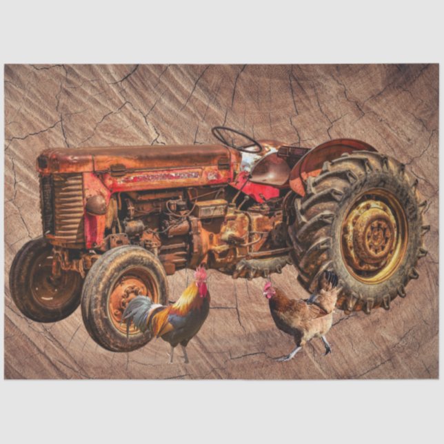 Antique Red Tractor Rooster Hen Seidenpapier (Vorderseite)