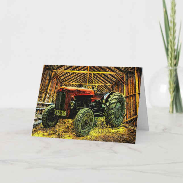 Antique Red Tractor Rustic Barn Karte (Vorderseite)