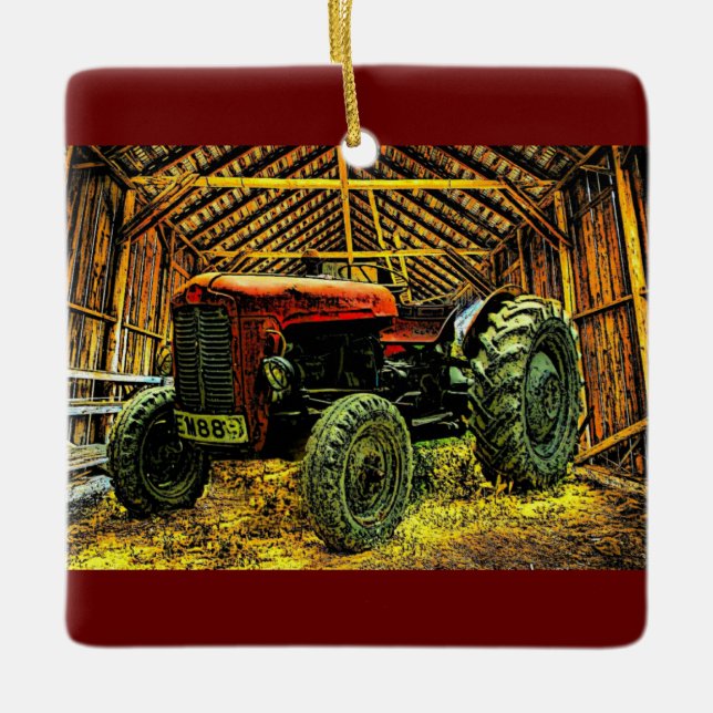 Antique Red Tractor Rustic Barn Keramikornament (Vorderseite)