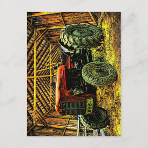 Antique Red Tractor Rustic Barn Postkarte