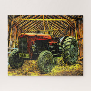 Antique Red Tractor Rustic Barn Puzzle