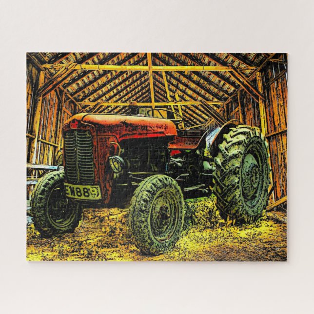 Antique Red Tractor Rustic Barn Puzzle (Horizontal)