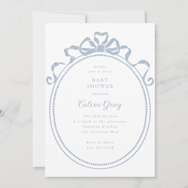 Antique Ribbon Bow Viktorianisch Blue Baby Dusche Einladung (Vorderseite)