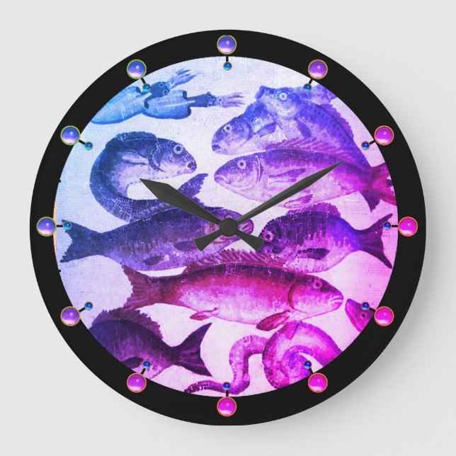 ANTIQUE ROMAN MOSAICS, FISCHE MEERESLEBEN Pink Blu Große Wanduhr (Vorderseite)