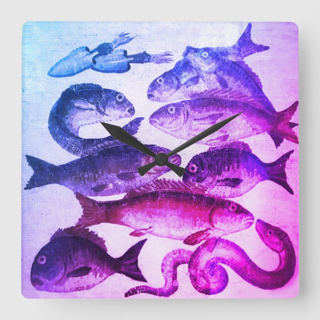 ANTIQUE ROMAN MOSAICS, FISCHE MEERESLEBEN Pink Blu Quadratische Wanduhr (Vorderseite)