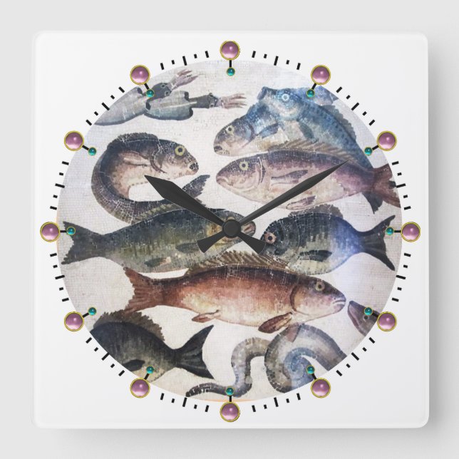 ANTIQUE ROMAN MOSAICS, FISCHE, MEERESLEBENSZENE QUADRATISCHE WANDUHR (Vorderseite)