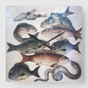 ANTIQUE ROMAN MOSAICS, FISCHE, MEERESLEBENSZENE QUADRATISCHE WANDUHR