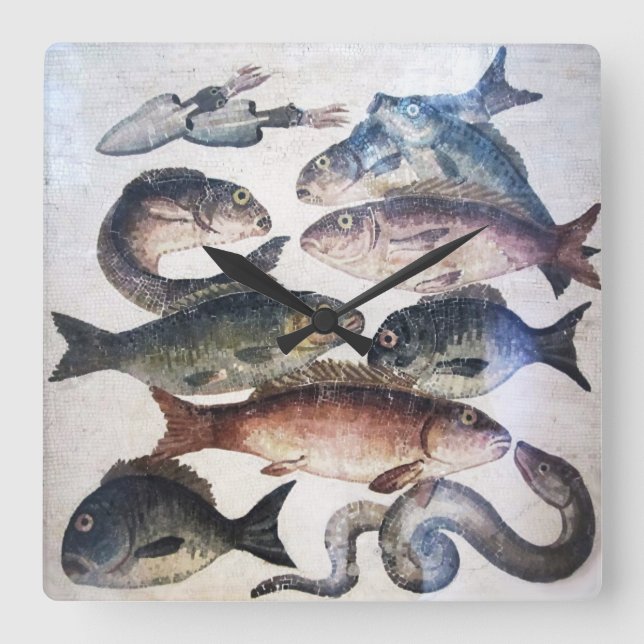 ANTIQUE ROMAN MOSAICS, FISCHE, MEERESLEBENSZENE QUADRATISCHE WANDUHR (Vorderseite)