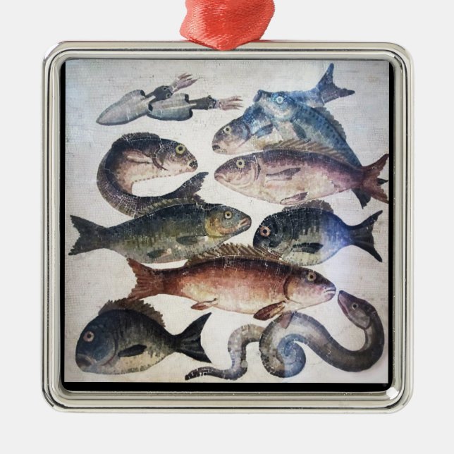 ANTIQUE ROMAN MOSAICS, FISCHE, MEERESLEBENSZENE SILBERNES ORNAMENT (Vorne)