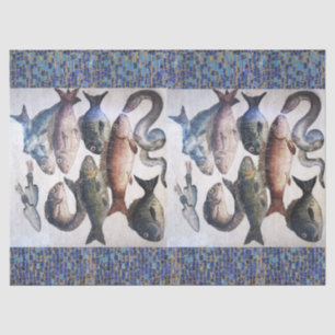 ANTIQUE ROMAN MOSAICS,FISCHE,OZEANSEESKENE SEIDENPAPIER