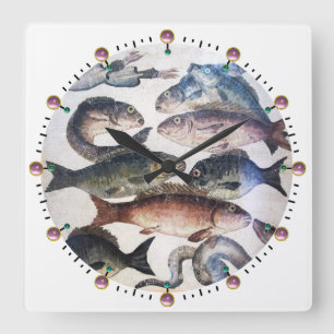 ANTIQUE ROMAN MOSAICS, FISHES,OCEAN SEA LIFE SCENE QUADRATISCHE WANDUHR
