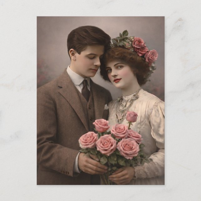 Antique Romantic Couple Postcard with Roses  Postkarte (Vorderseite)