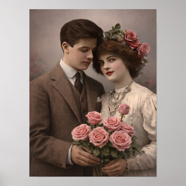Antique Romantic Couple with Roses Poster (Vorne)