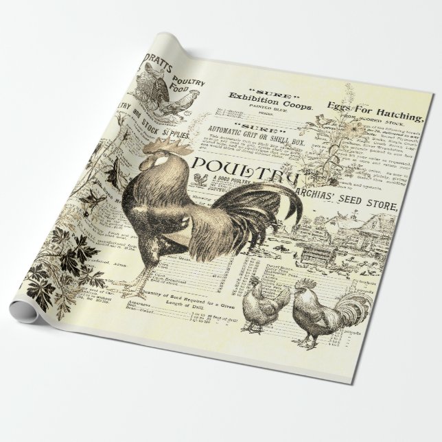 Antique Rooster Gartenbau Ads Ephemera Beige Geschenkpapier (Ungerollt)