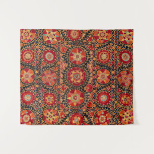 ANTIQUE ROTE ORANGE WHITE FLORAL UZBEK EMBROIDERY WANDTEPPICH