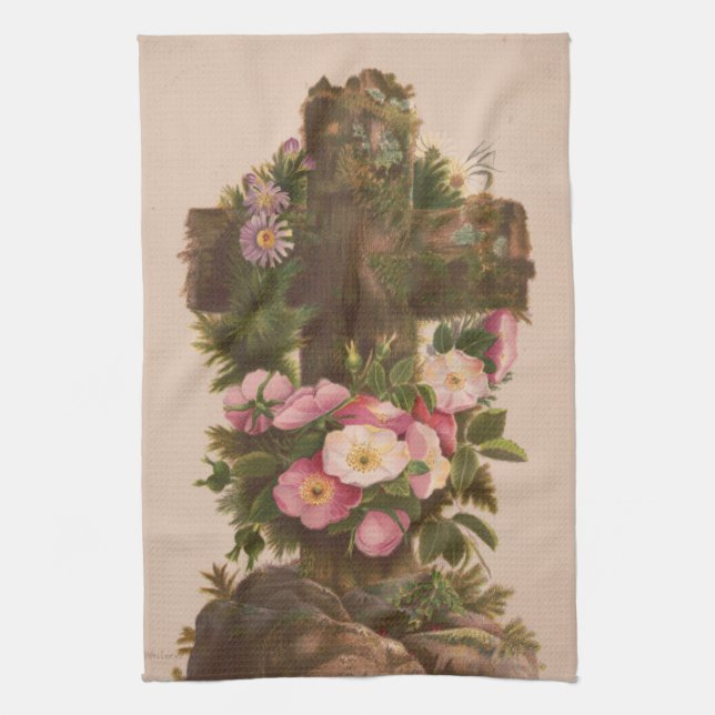 Antique Rustic Cross, Wild Roses, Easter Card, Geschirrtuch (Vertikal)